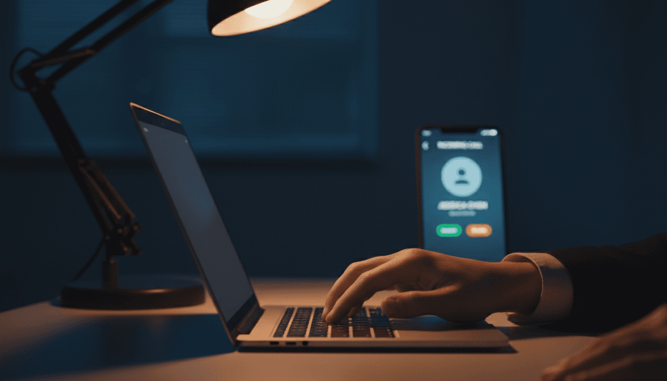 Hand pressing keyboard in dimly lit office with phone notification glow
