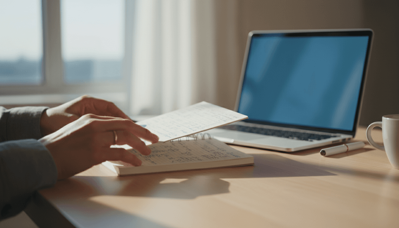 Prospect research notebook and laptop on desk