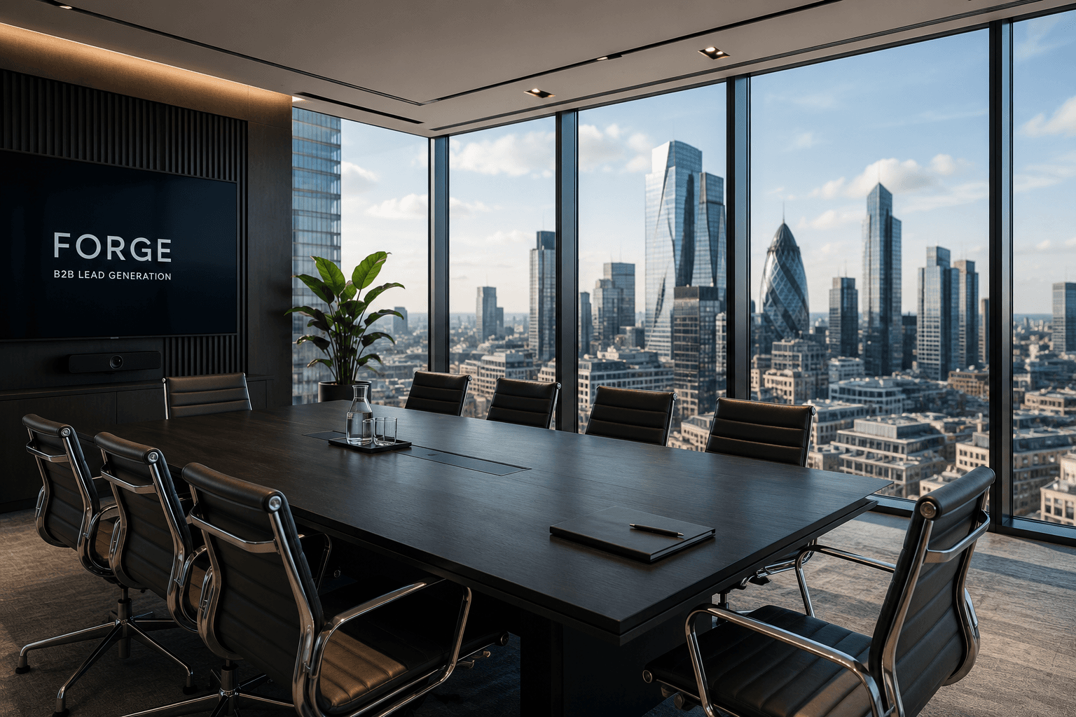 Modern conference room with a large table, black chairs, and panoramic city skyline views.