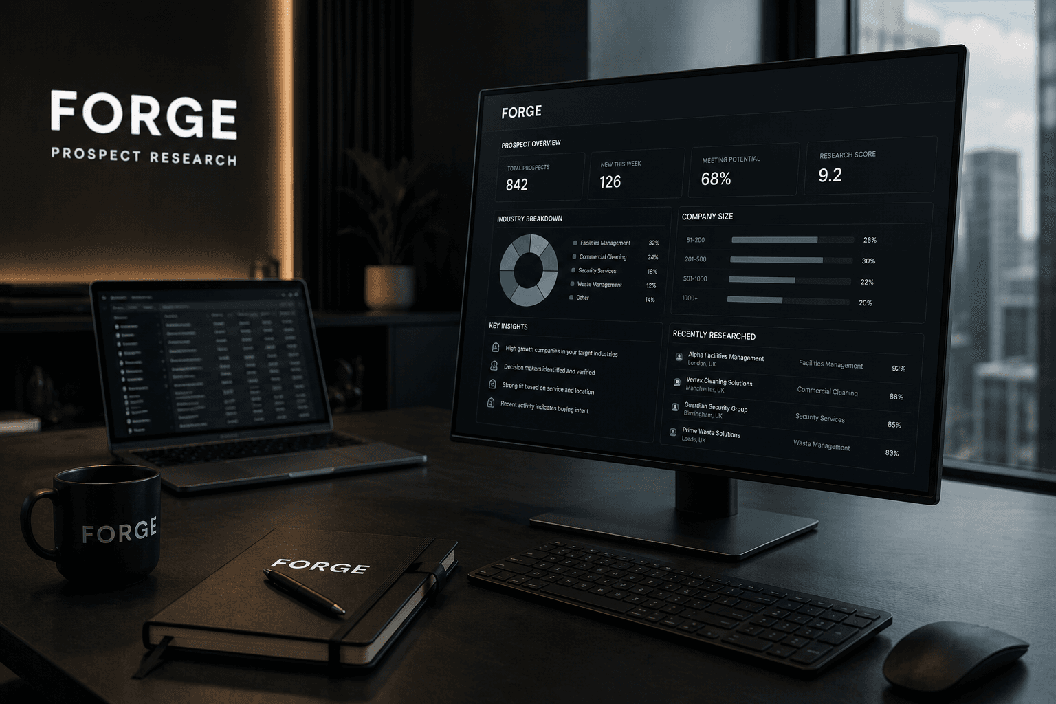 Forge Prospect Research data dashboard on a monitor in a sleek, dark professional office.