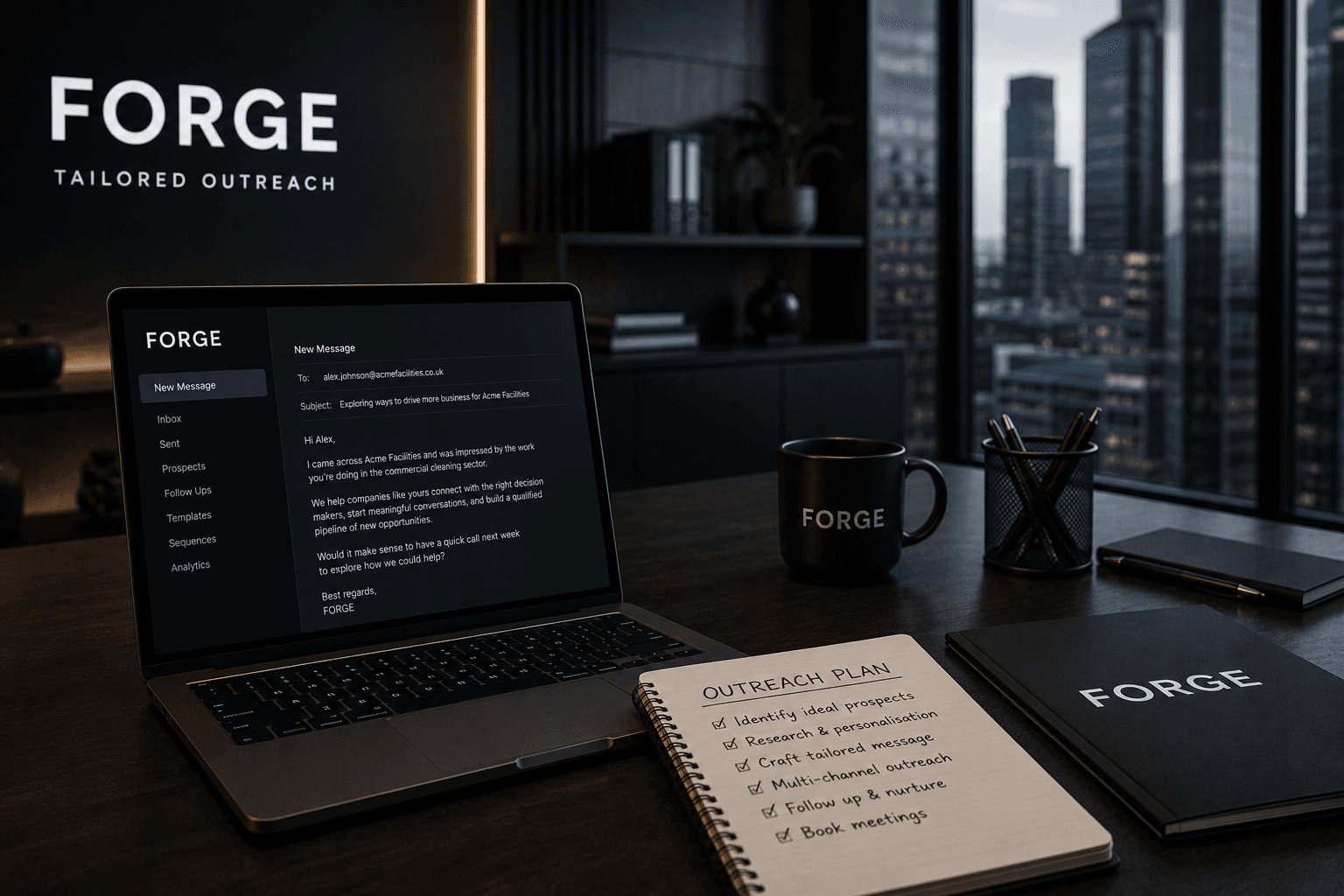 Laptop displaying Forge outreach software next to a handwritten checklist on a modern office desk.