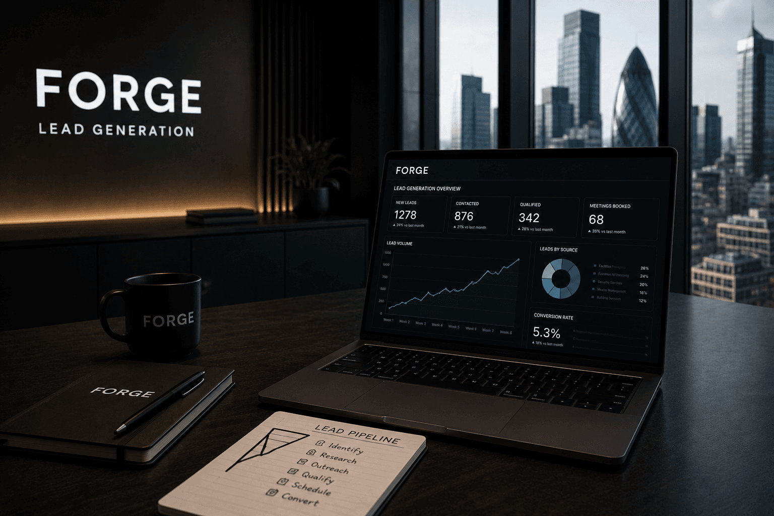 Laptop displaying lead generation analytics on a desk in a modern office overlooking the city.