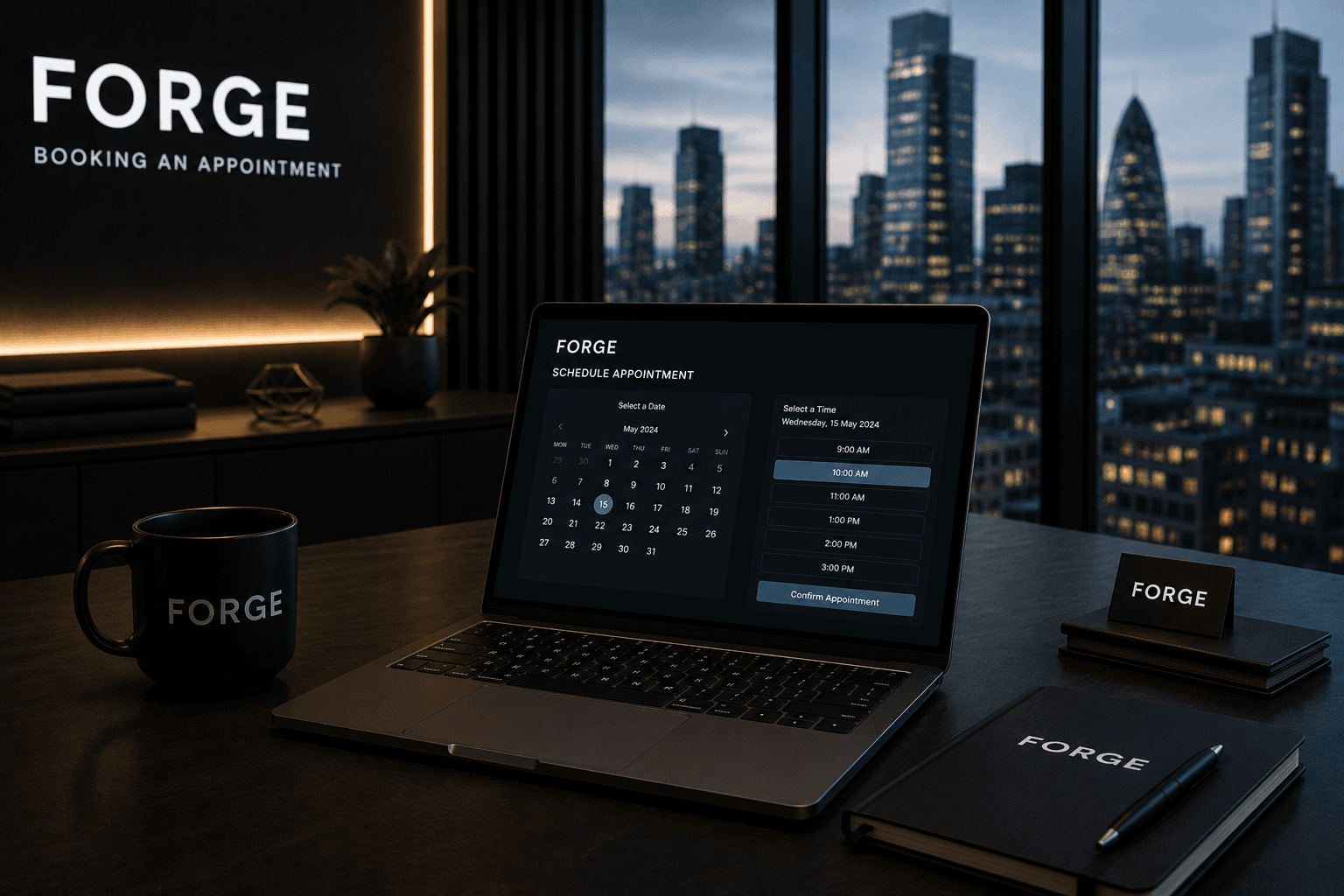Laptop displaying Forge appointment booking interface on a desk overlooking a nighttime city skyline.