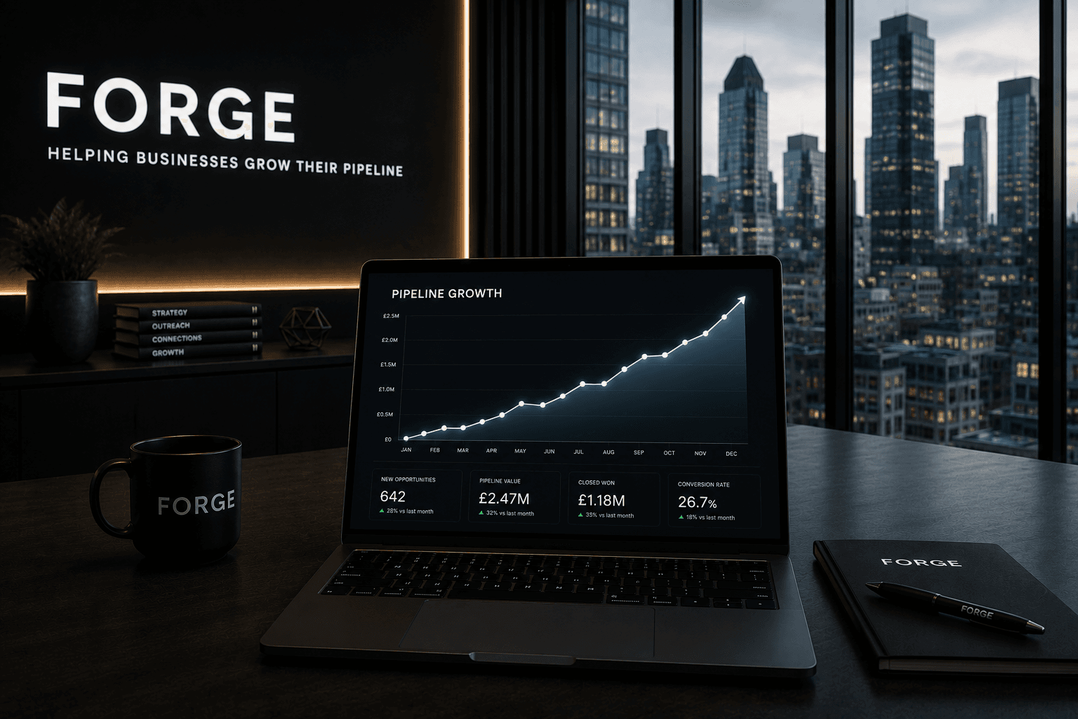 Laptop displaying a rising pipeline growth chart in a modern office overlooking a city skyline.