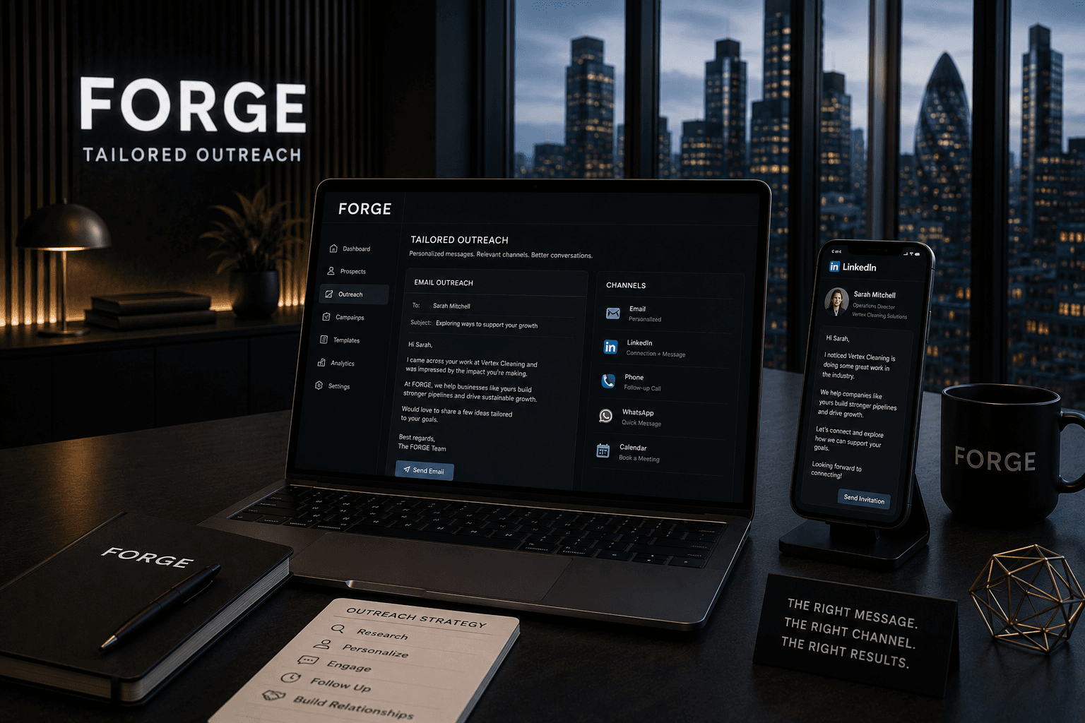 Forge outreach software displayed on a laptop and smartphone in a modern office at night.