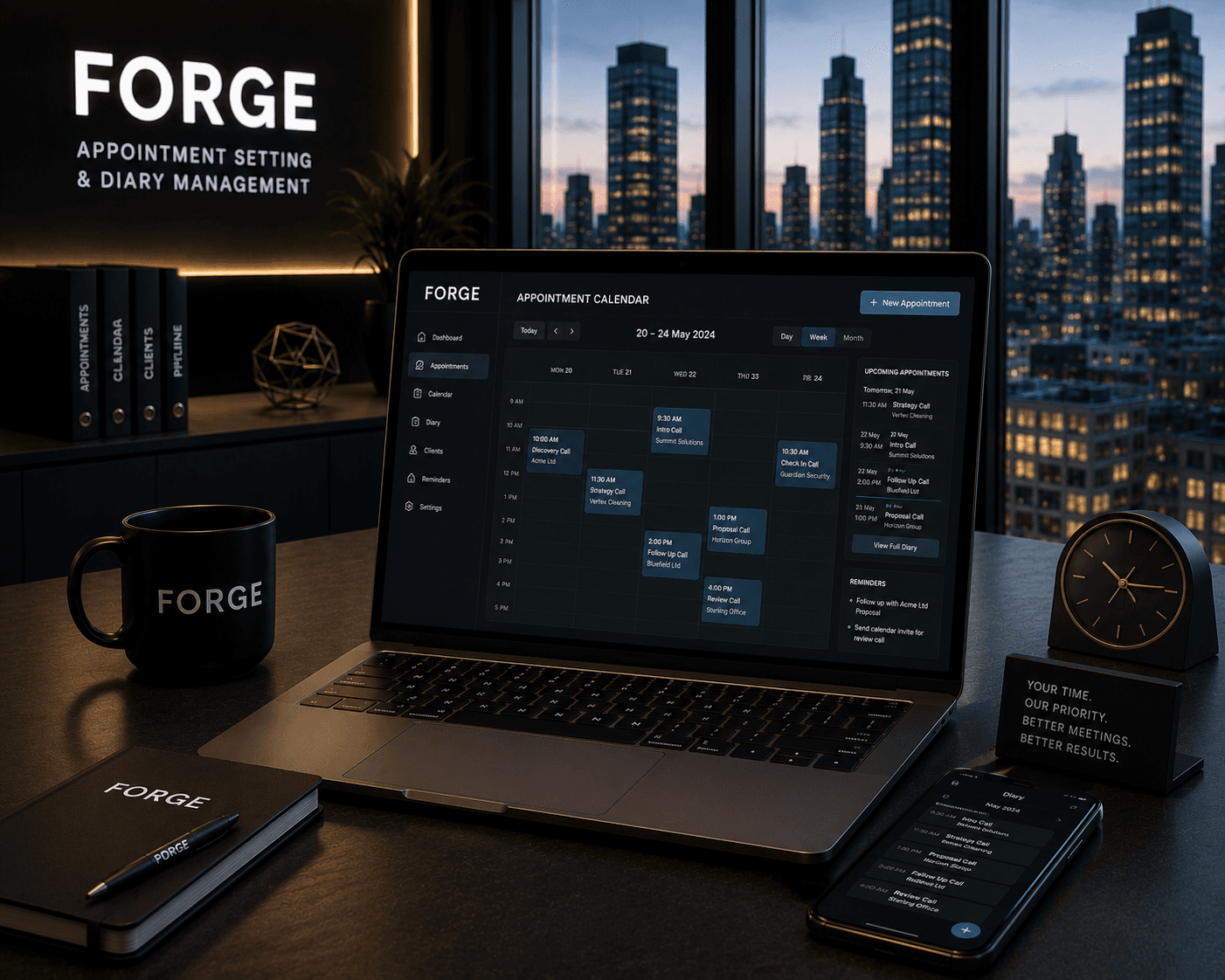 Laptop displaying Forge appointment calendar on a desk overlooking a city skyline at night.