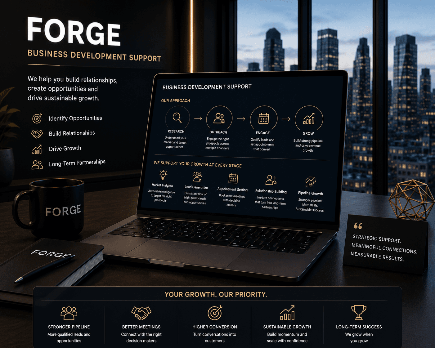 Laptop on a desk displaying FORGE business development services with a night city skyline.