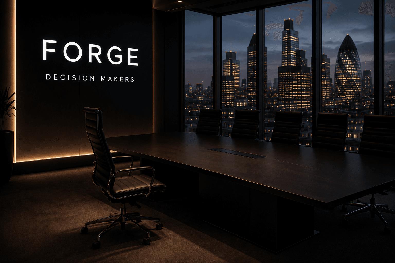 Modern executive boardroom with 'FORGE DECISION MAKERS' sign overlooking a nighttime London city skyline.