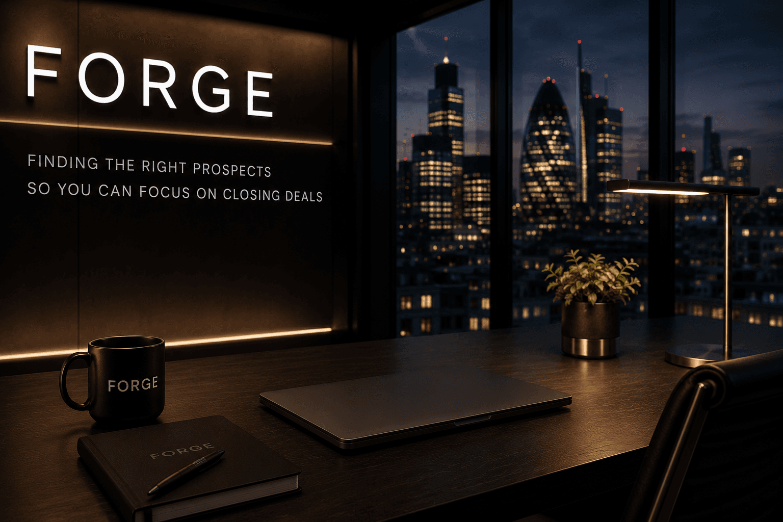 Modern office desk with Forge branding and laptop overlooking a glowing city skyline at night.