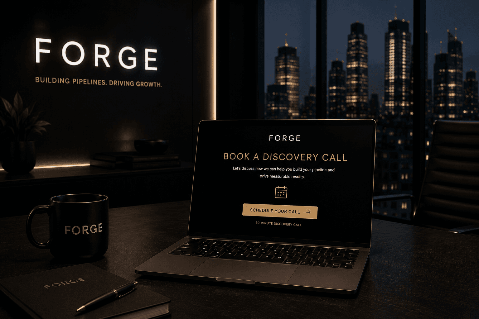 Laptop on an office desk displaying a Forge booking page with a nighttime city skyline.